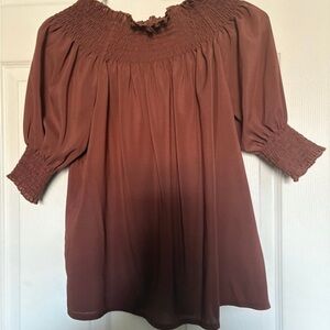Chic Smocked Women's Off The Shoulder Blouse in Rich Brown
